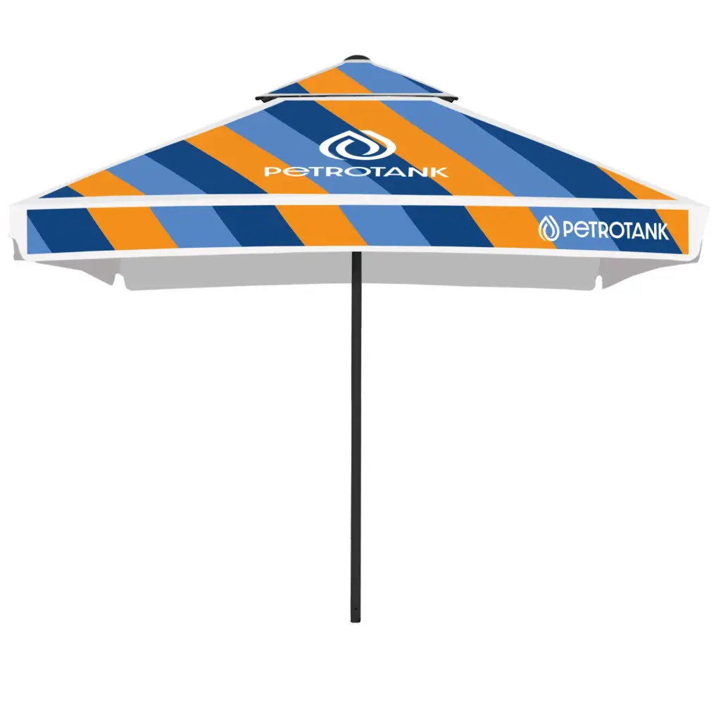 Parasol Easy Up Plus w sitodruku płaskim (kwadrat / 3,5 m / 4 panele, z drugim daszkiem, tkanina 100% poliester, gramatura 215± 10 g/m², bez owiewki / lamówka podwinięta, stelaż aluminiowy, antracyt RAL 7021 farba proszkowa, maszt ⌀60 mm, 1 szt. w kartonie z otworem na maszt)