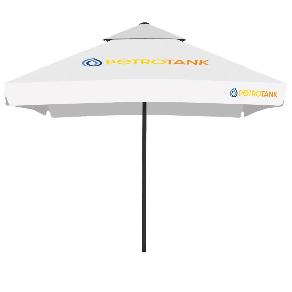 Parasol Easy Up Plus z nadrukiem na tkaninie jednolitej PES (kwadrat / 3,5 m / 4 panele, z drugim daszkiem, tkanina 100% poliester, gramatura 210± 10 g/m², 1807001 White, z owiewką / lamówka biała, stelaż aluminiowy, antracyt RAL 7021 farba proszkowa, maszt ⌀60 mm, 1 szt. w kartonie z otworem na maszt)