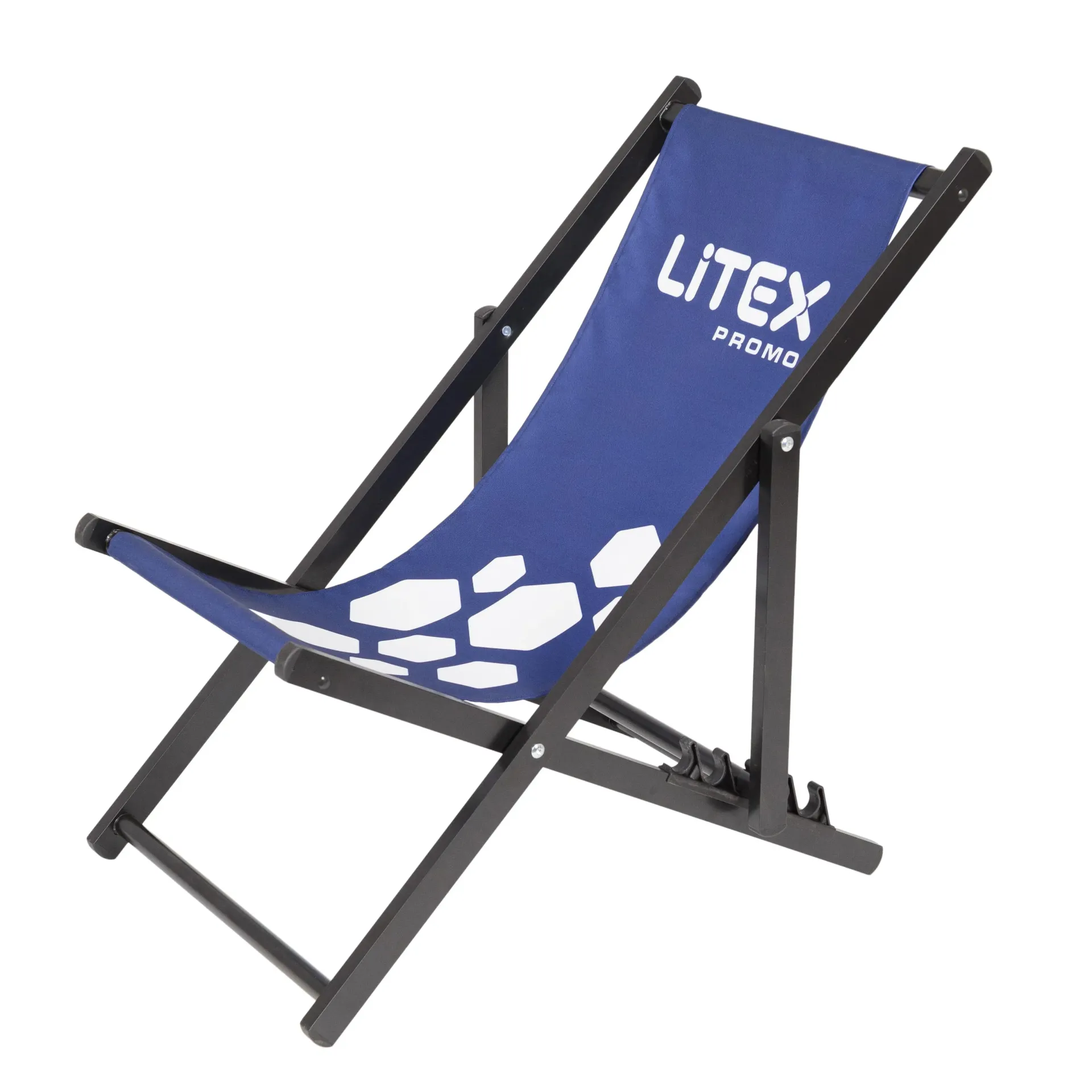 Transat en aluminium LA Base avec impression (LA Base: 1170x577x75 mm, toile tissée 100% polyester, monture en aluminium, noire, 2 pièces dans une boîte en carton)