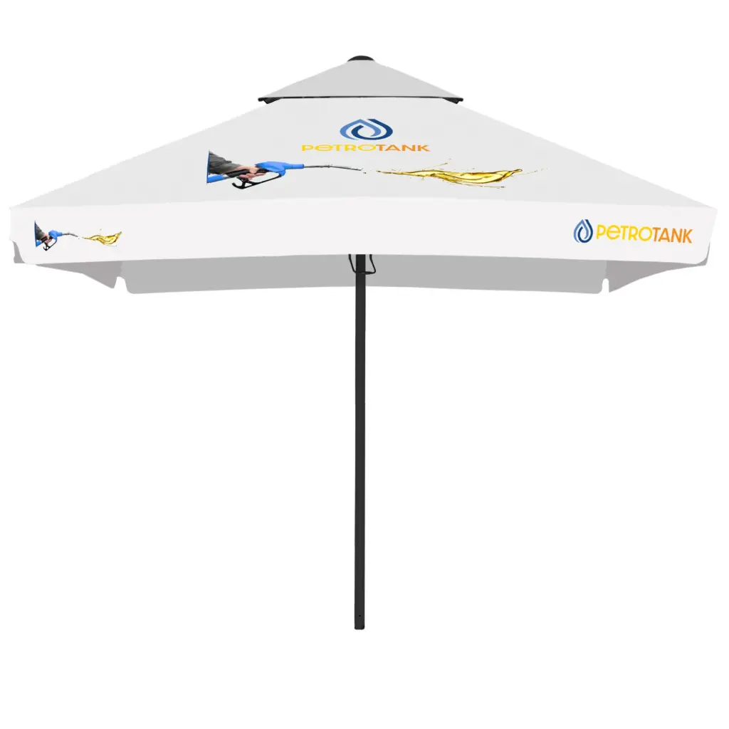 Parasol DarkLume w druku cyfrowym  (kwadrat / 3,5 m / 4 panele, z drugim daszkiem, tkanina 100% poliester, gramatura 197 ± 10 g/m², bez owiewki / lamówka podwinięta, stelaż aluminiowy, antracyt RAL 7021 farba proszkowa, maszt ⌀60 mm, 1 szt. w kartonie z otworem na maszt)