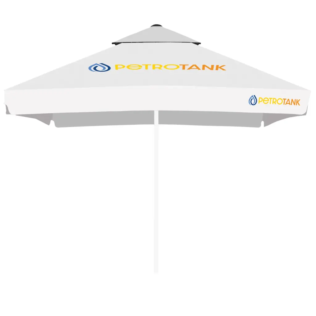 Poszycie parasola Easy Up Plus z nadrukiem na tkaninie jednolitej PES (kwadrat / 3,5 m / 4 panele, z drugim daszkiem, tkanina 100% poliester, gramatura 210± 10 g/m², 1807001 White, z owiewką / lamówka biała, do 5 szt. w kartonie)
